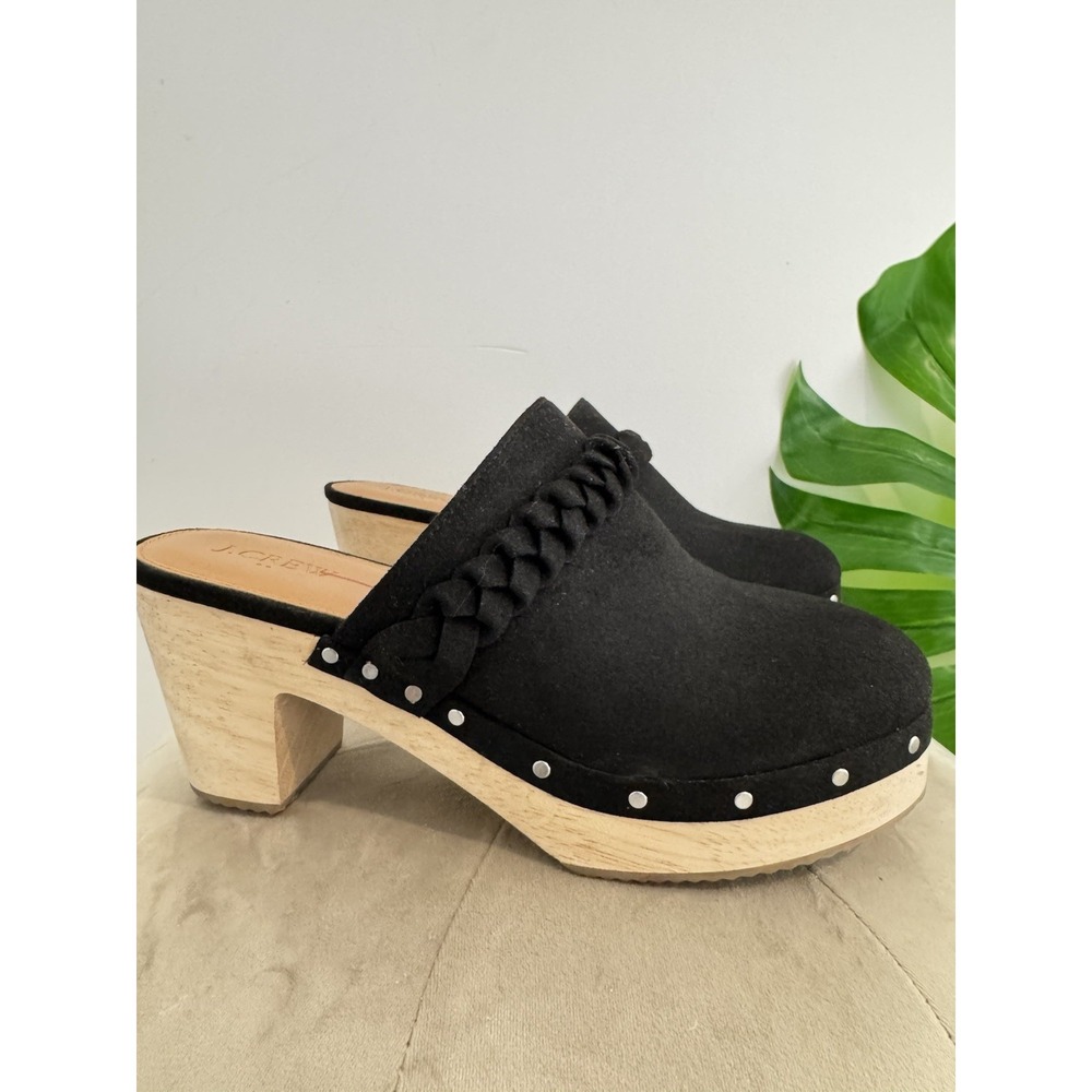 J Crew Women's Black Chunky Heel Mule Clogs Size 8.5 Retro Casual Wooden‎ Heel